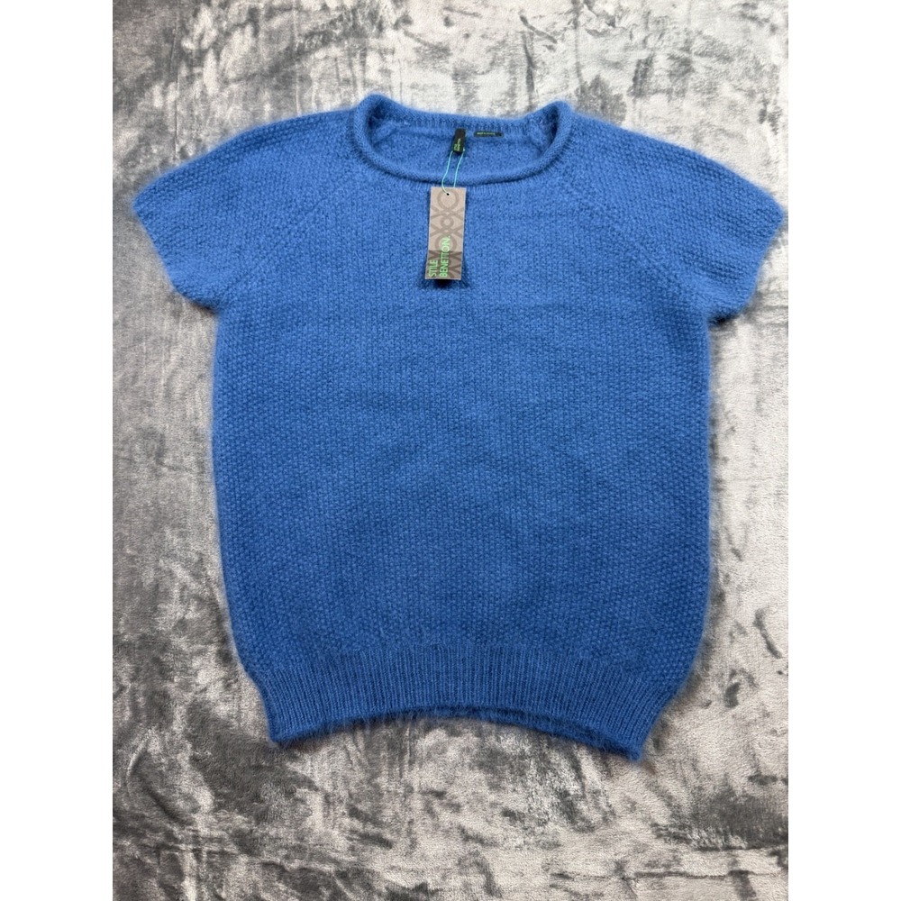 Benetton Angora Blend Sweater Womens L Blue Short Sleeve Fuzzy Knit NWT
